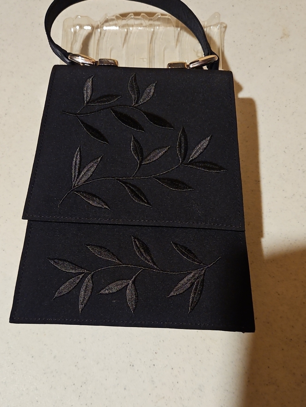 Elegant Black Mini Top-Handle Bag with Leaf Embroidery